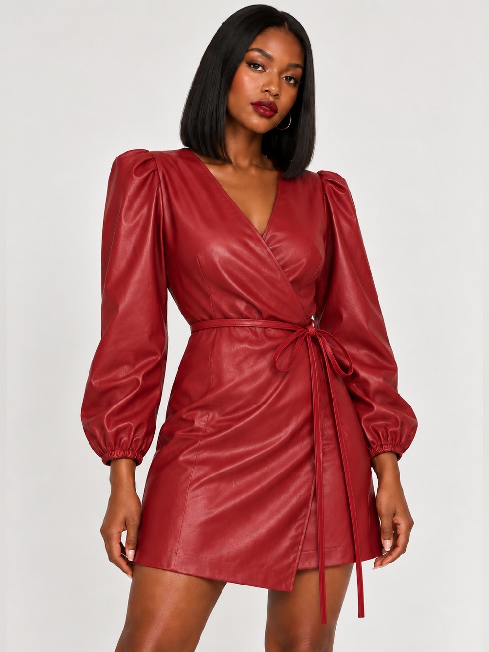 BCBG Paris Burgundy Faux Leather Wrap Dress Size L